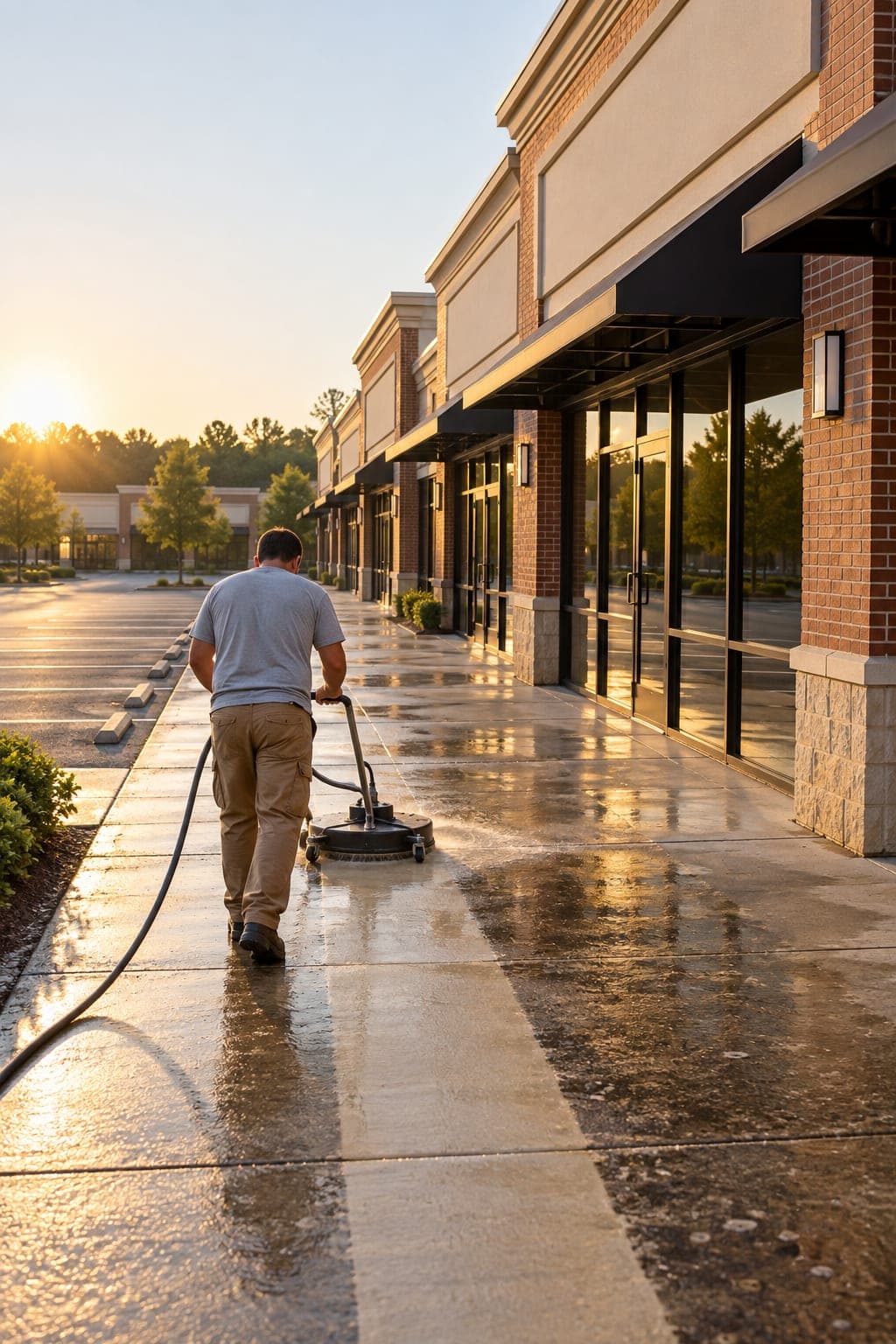 A worker running a surface cleaner along a retail centre sidewalk at dawn, cutting a bright clean stripe through the stained concrete before the stores open