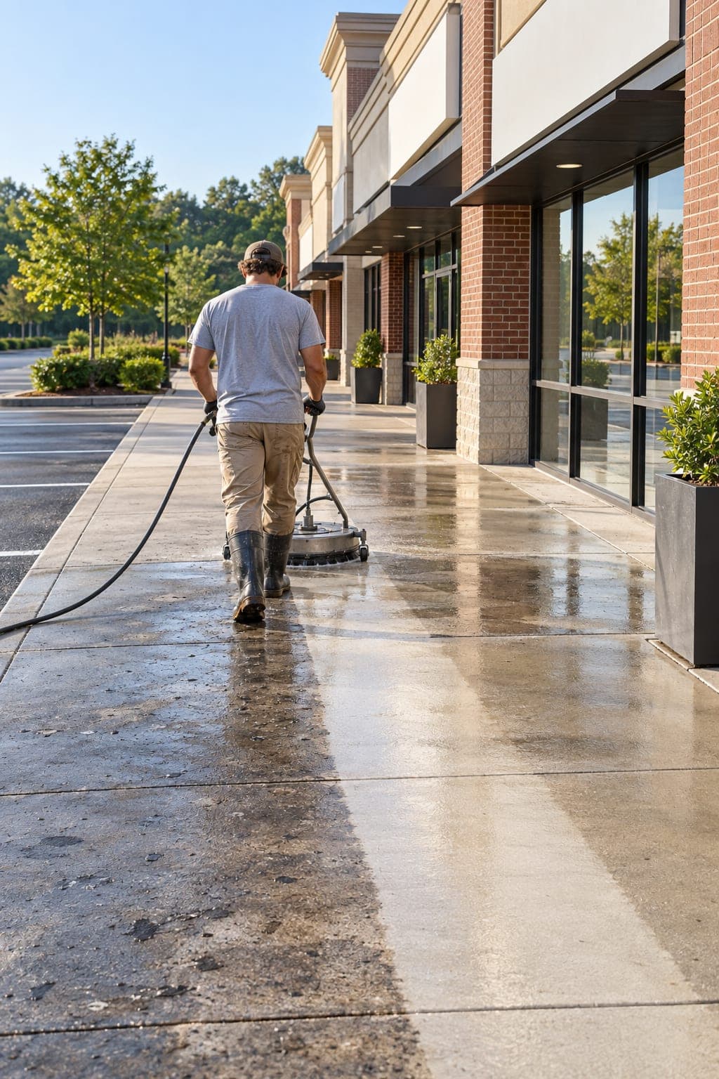 Cleaning the concrete sidewalk outside a retail strip centre before opening, a bright clean stripe cut through years of foot traffic