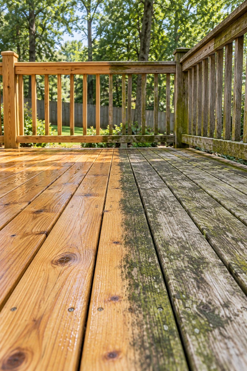 A wooden deck mid-restoration, cleaned boards showing warm honey-toned grain beside weathered grey boards covered in algae