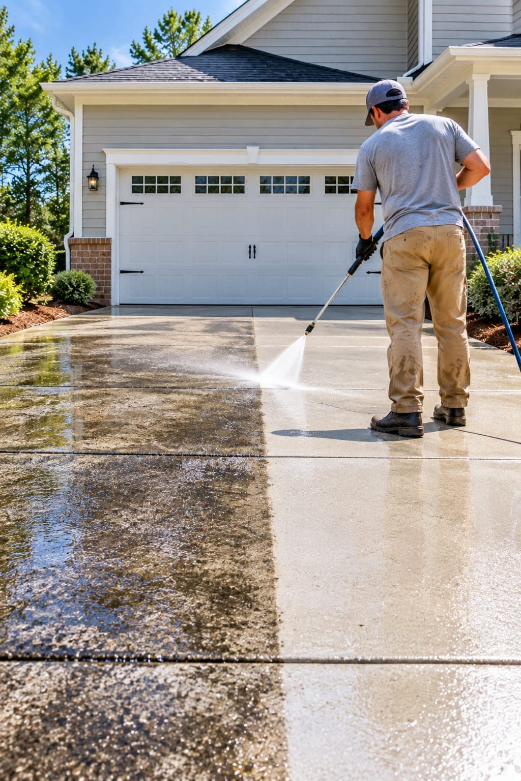 Pressure washing a residential concrete driveway, leaving a bright clean stripe across the darkly stained slab