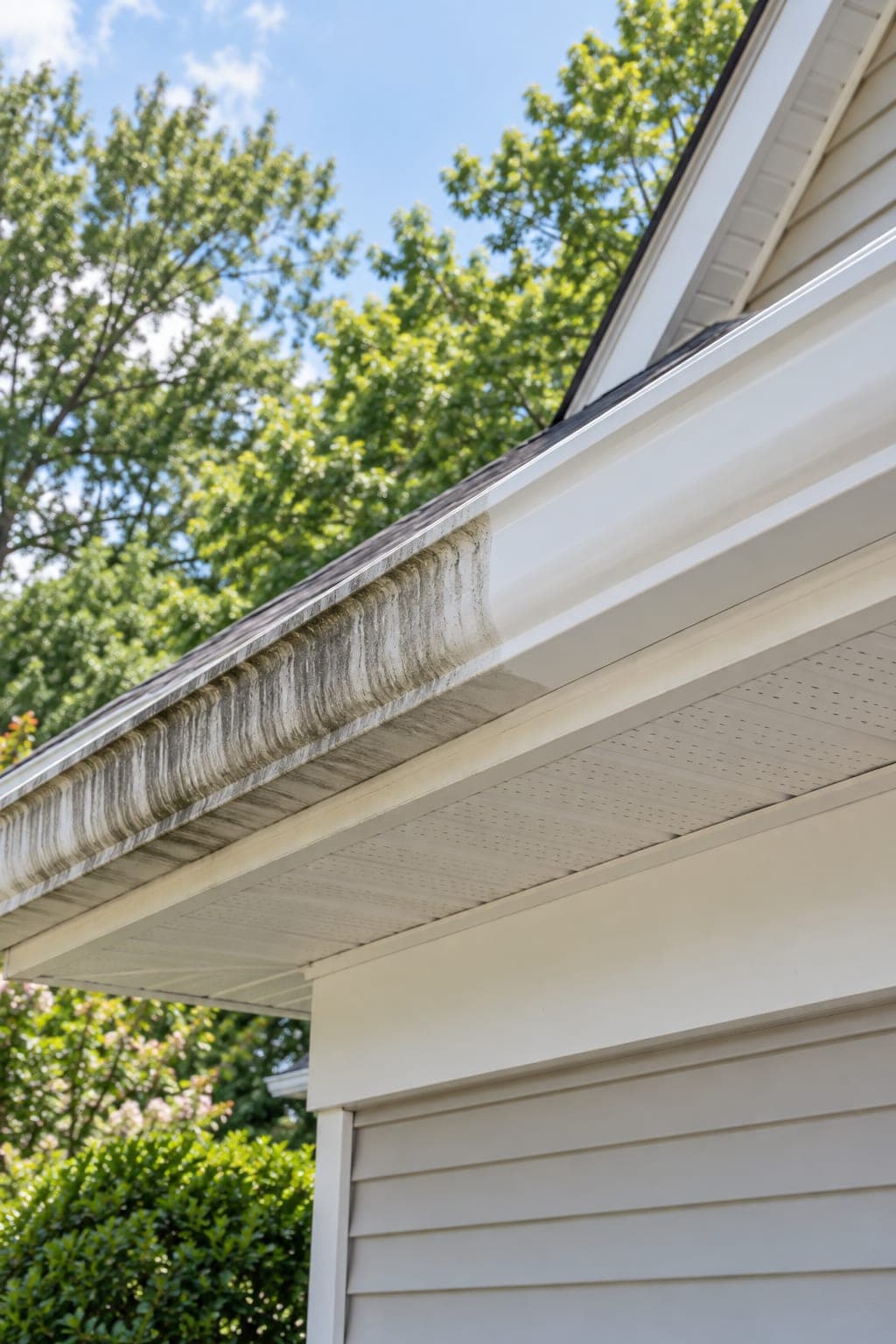 A white aluminium gutter run seen from below, one length brightened to clean white and the next still marked with dark tiger stripes