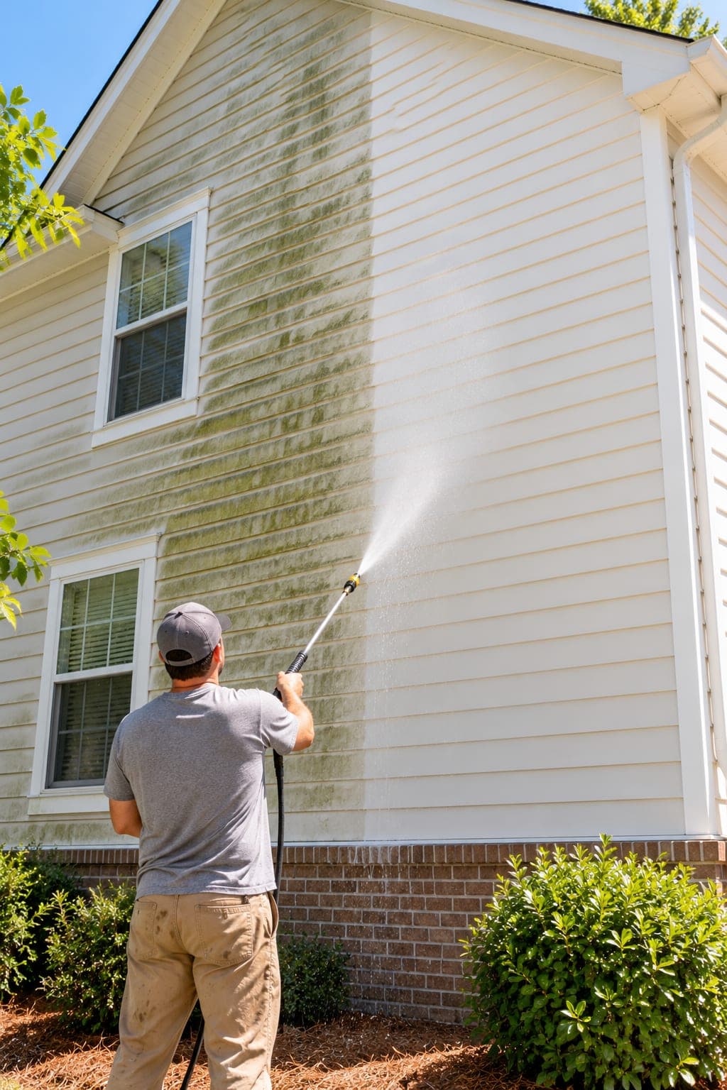 Soft washing the cream vinyl siding of a two-storey home, the cleaned section beside a wall still covered in green algae staining