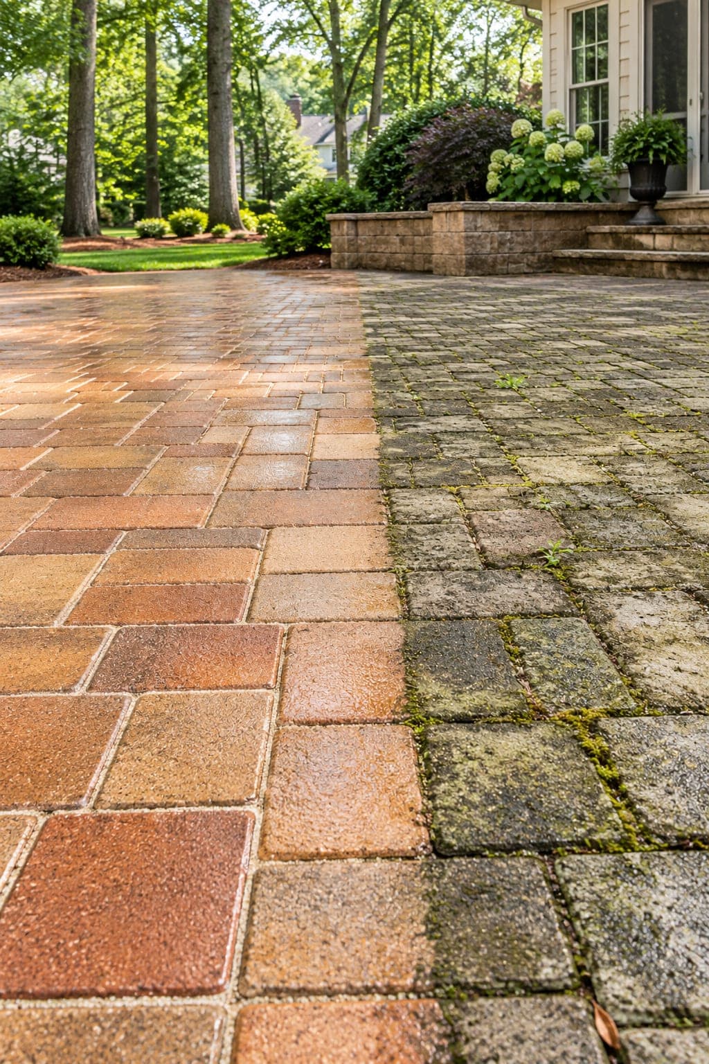 A paver patio mid-restoration, warm terracotta pavers on one side and faded pavers choked with moss and weeds on the other
