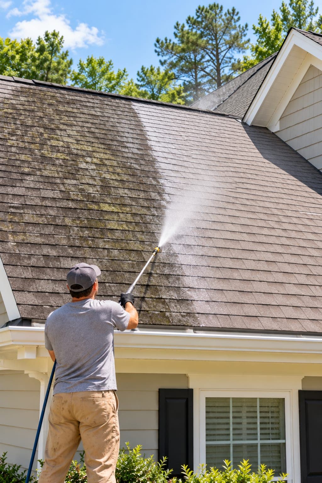 Soft washing an asphalt shingle roof, with clean brown shingles beside an untreated area covered in black algae streaks and moss